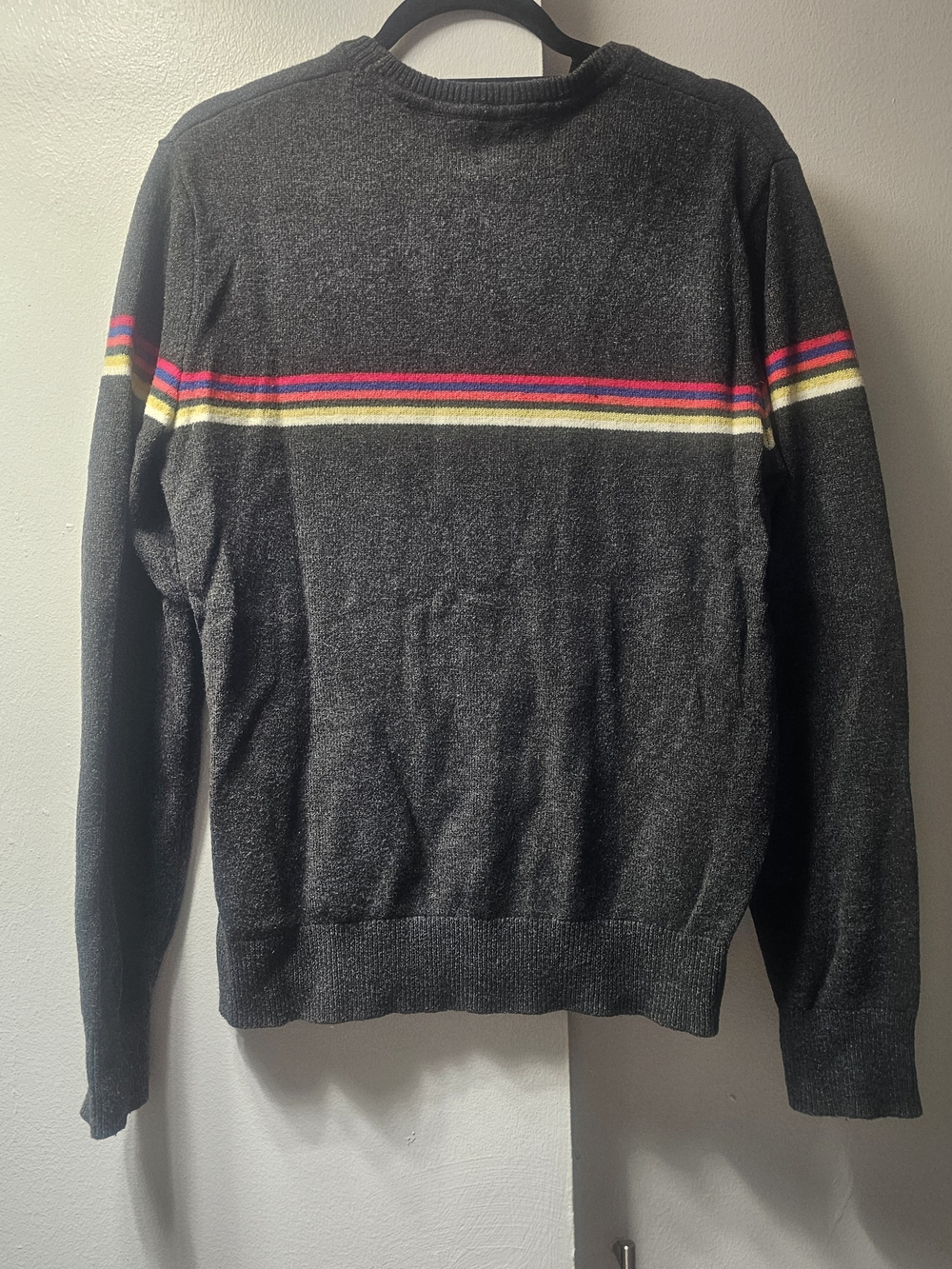 GAP Men's Charcoal Crewneck Sweater with Multi-Color Stripe